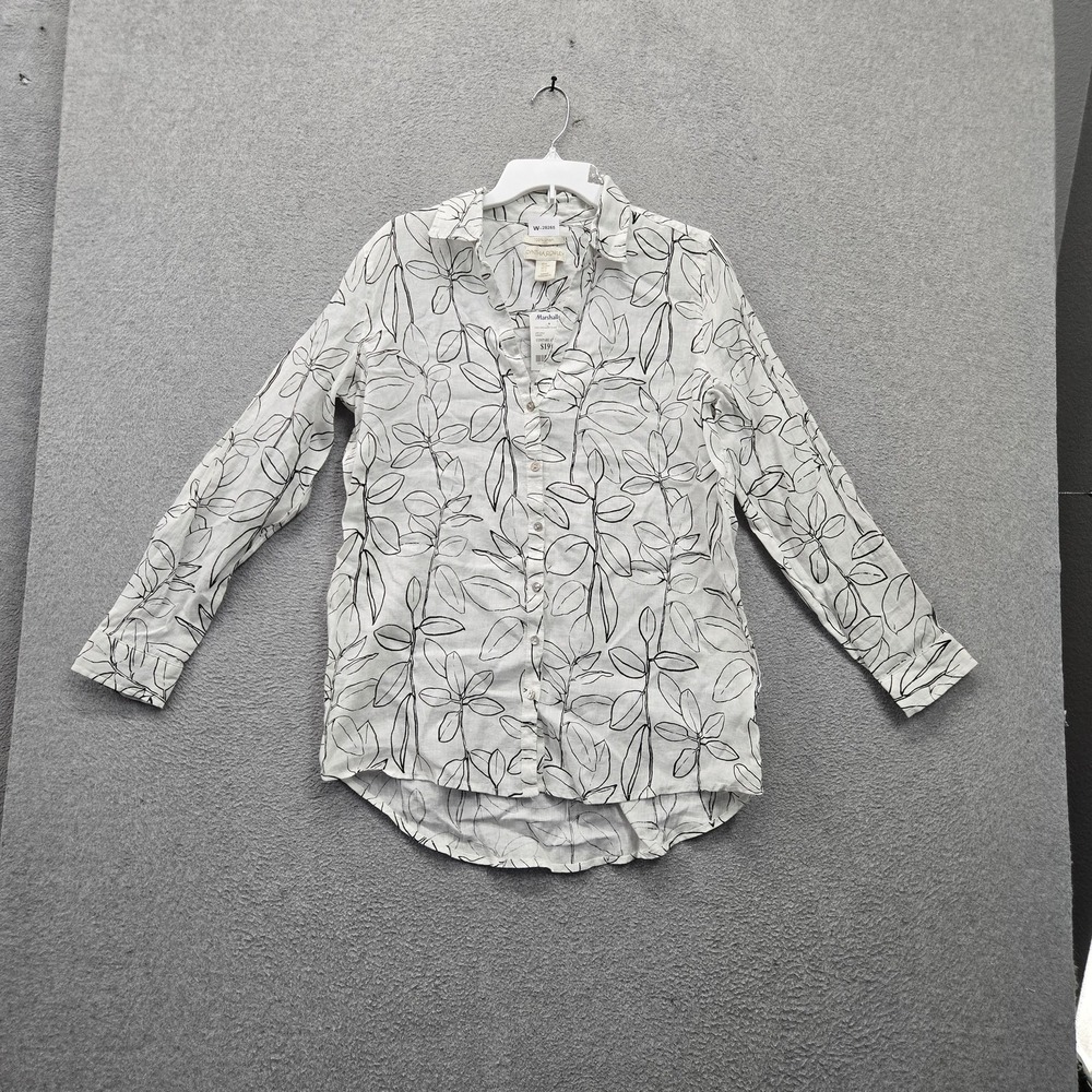 Cynthia Rowley Women Button Up Shirt M White Leaf Print 100% Linen Roll Tab NWT